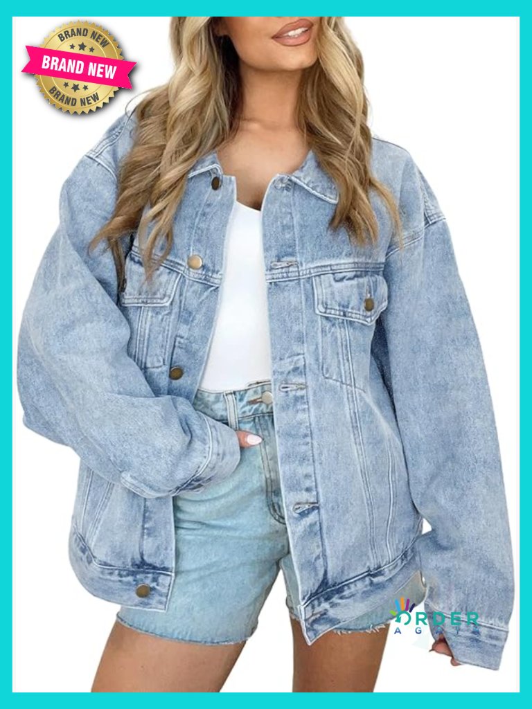 Oversized Denim Jacket Boyfriend Fit Button Down With Chest Pockets Classic Coat